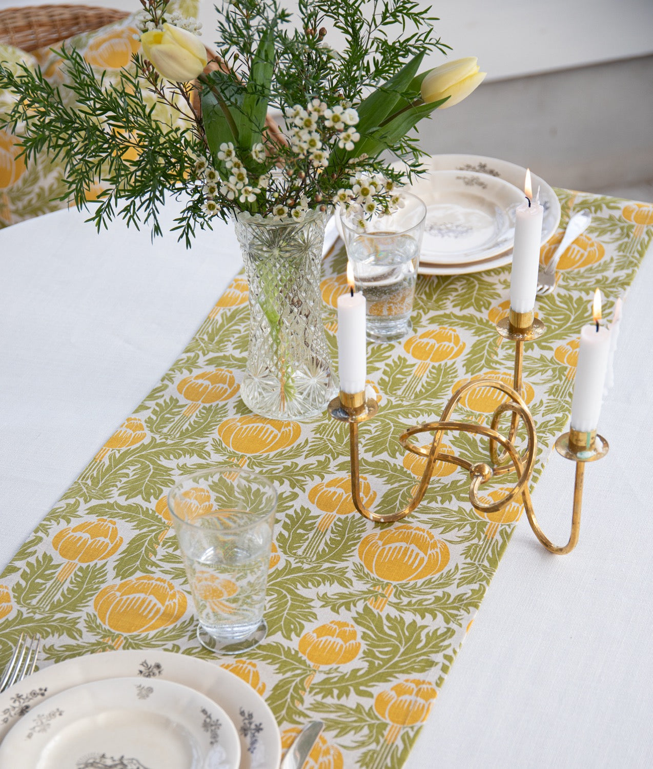 LÖPARE "Skockor i månsken" 40x150 cm Linne Gul/Grön