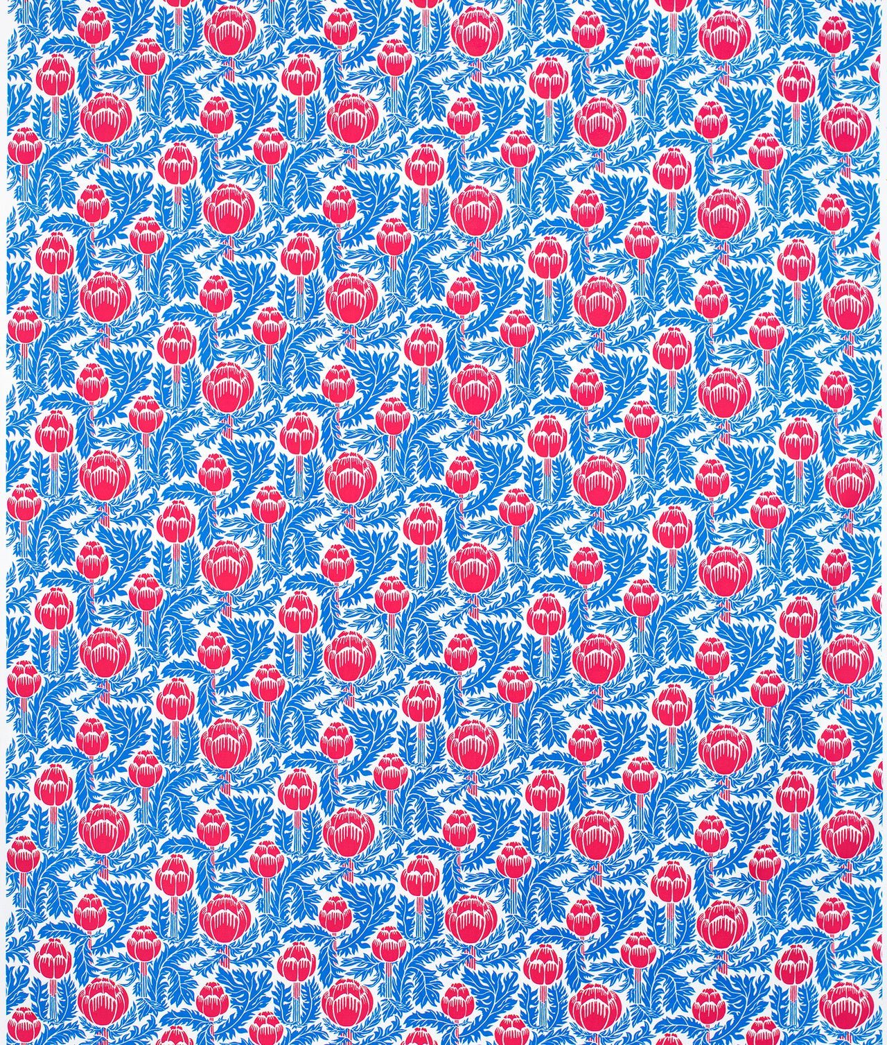 Tygprov – Bomullstyg "Skockor i månsken" Blå/Röd - Frösö Handtryck Scandinavia