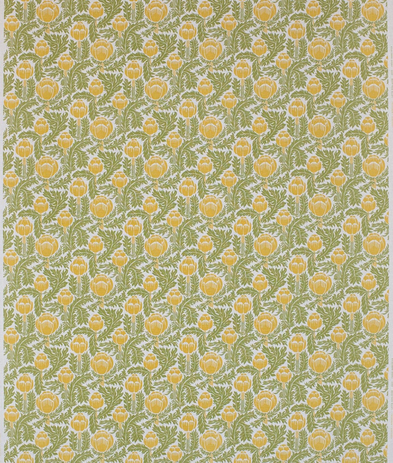 Tygprov "Skockor i månsken" Gul/grön Natur - Frösö Handtryck Scandinavia