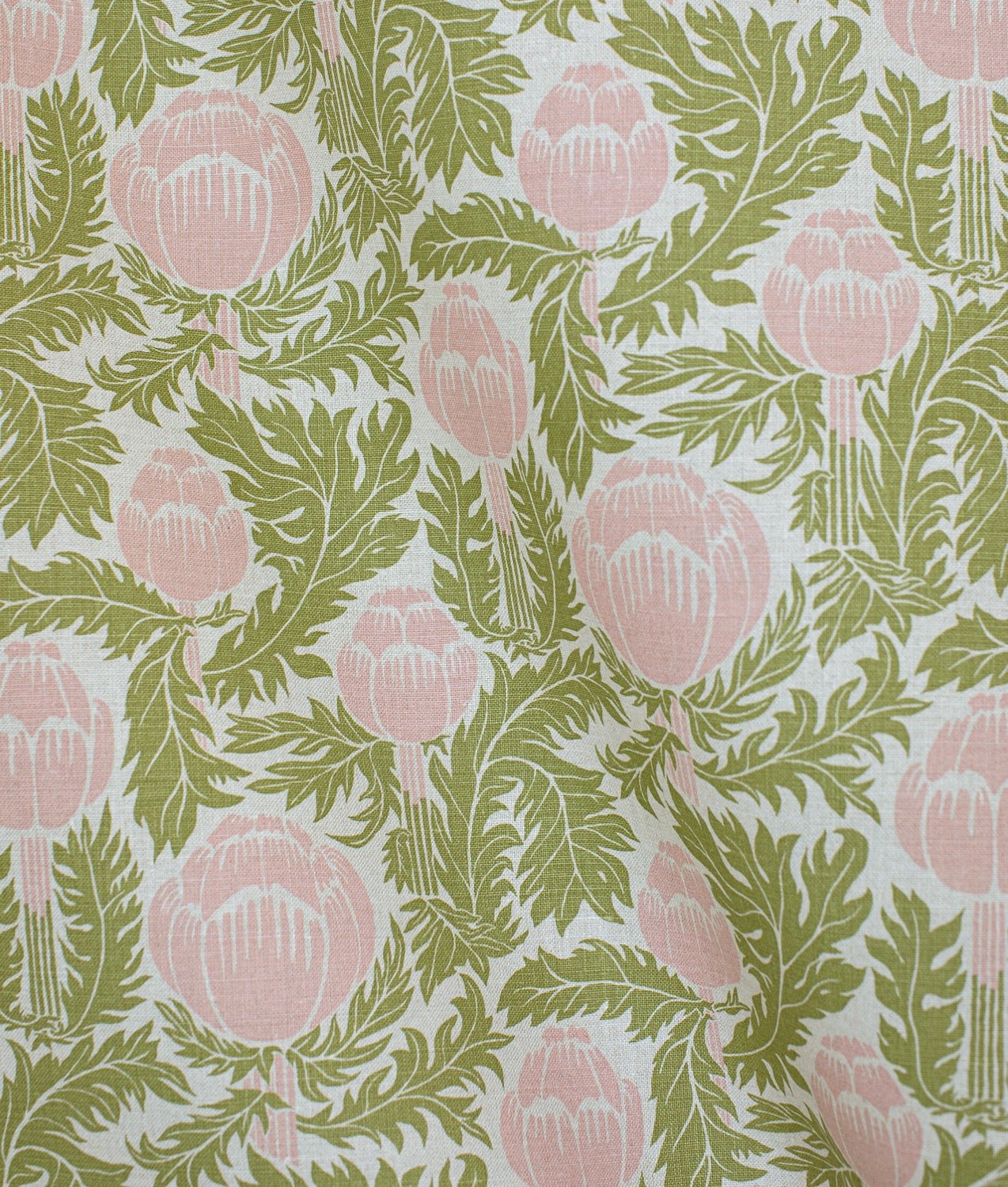 Tygprov "Skockor i månsken" Rosa/grön Natur - Frösö Handtryck Scandinavia