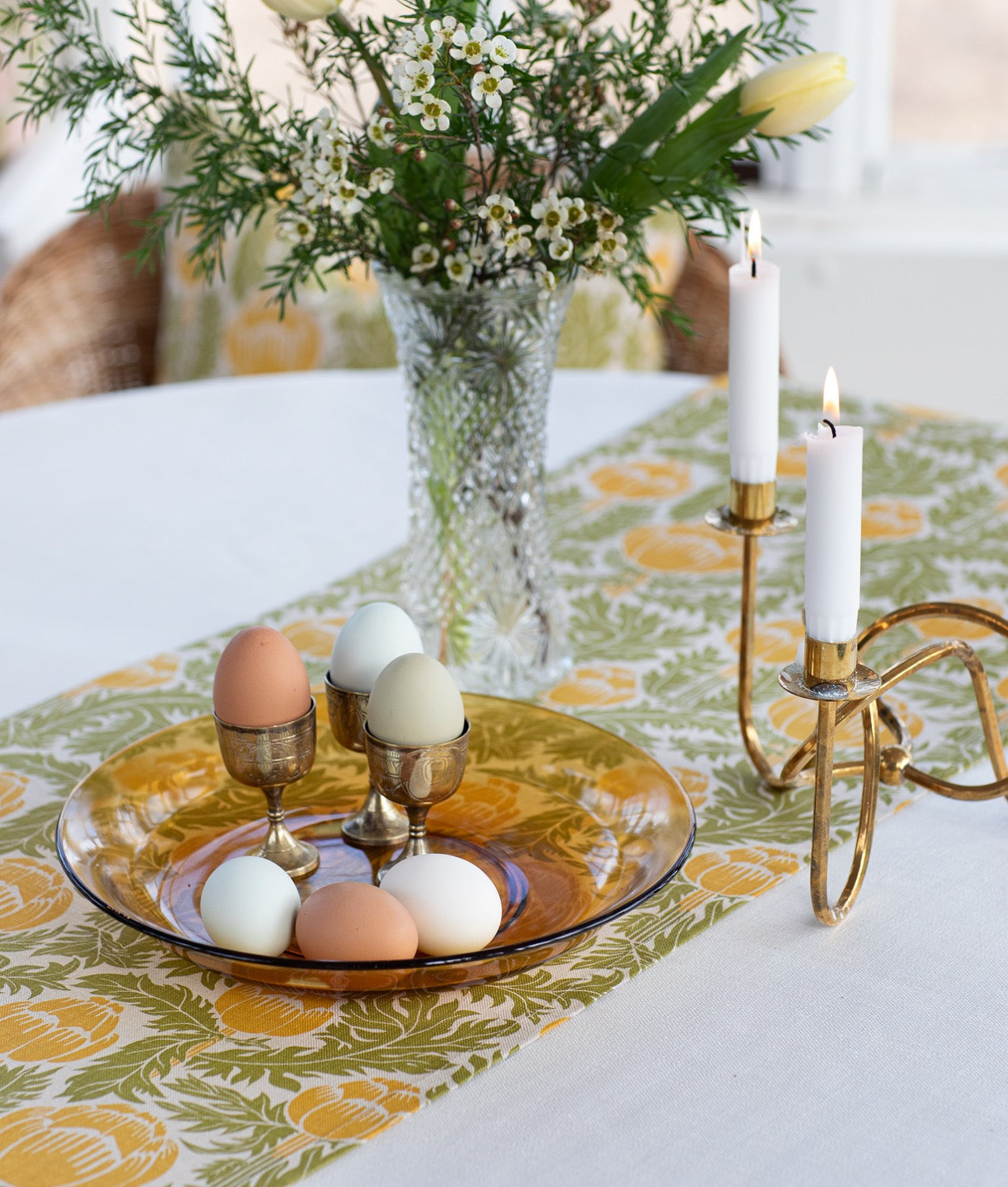 LÖPARE "Skockor i månsken" 40x150 cm Linne Gul/Grön