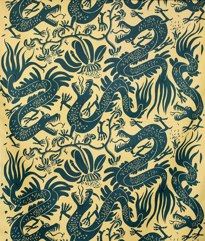 Bomullsstoff "DRAGONS" Grønn - Frösö Handtryck Scandinavia