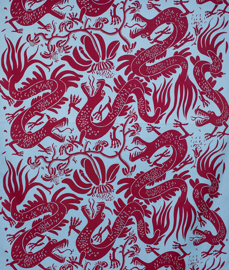 Bomullsstoff "DRAGONS" Rød - Frösö Handtryck Scandinavia