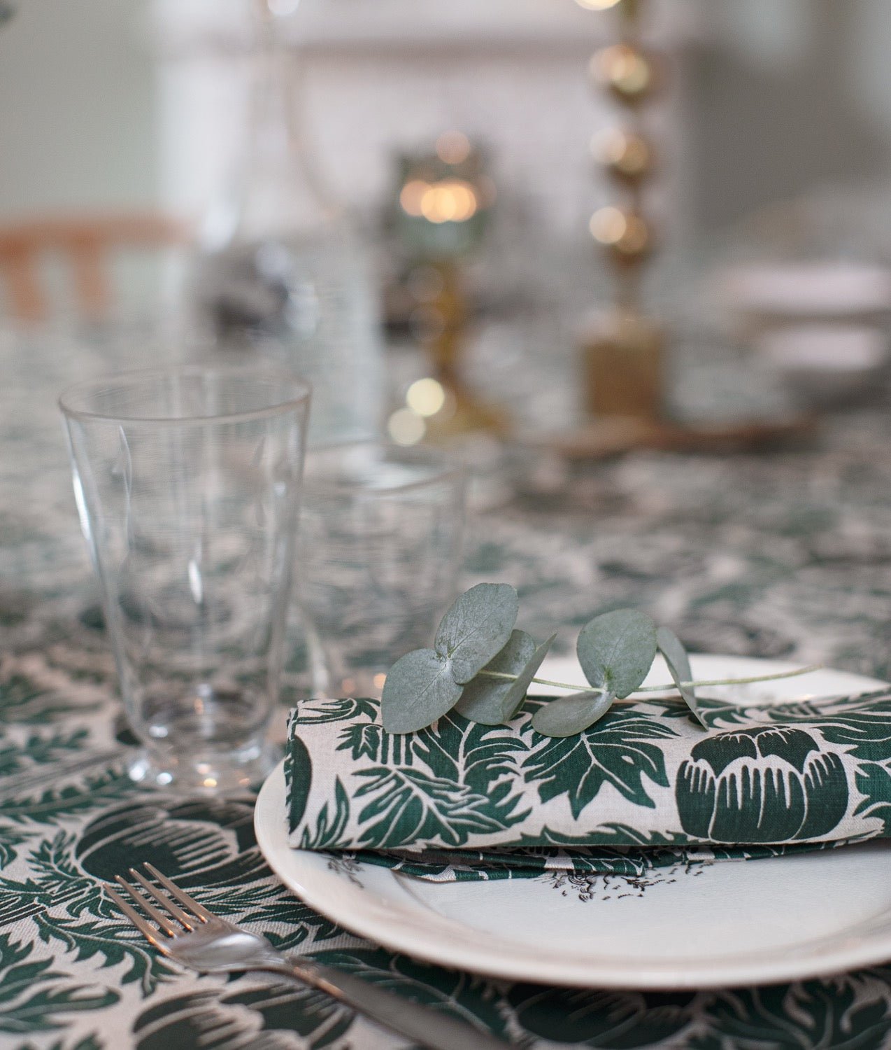 Towel "Skockor i månsken" Half Linen Green - Frösö Handtryck Scandinavia