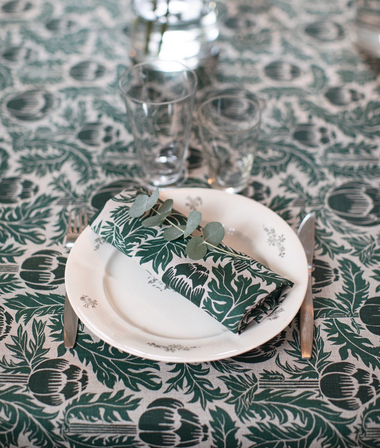 Towel "Skockor i månsken" Half Linen Green - Frösö Handtryck Scandinavia