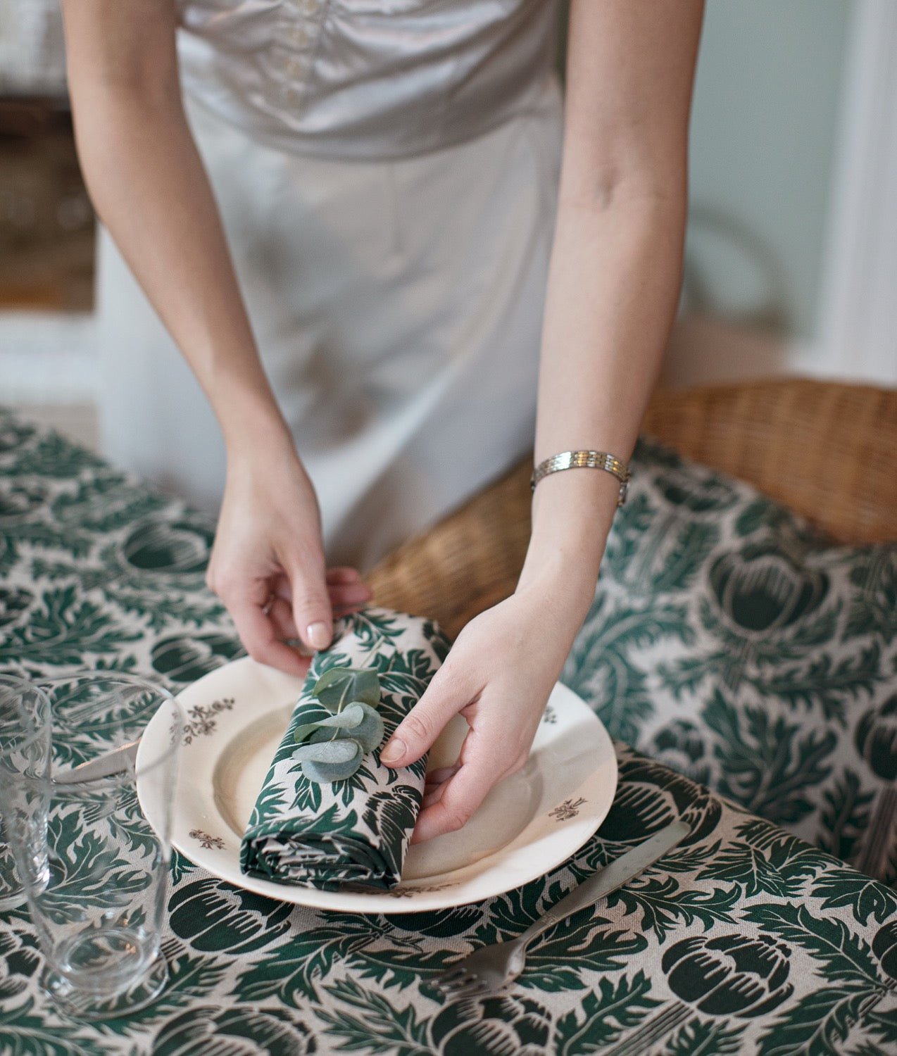 Towel "Skockor i månsken" Half Linen Green - Frösö Handtryck Scandinavia
