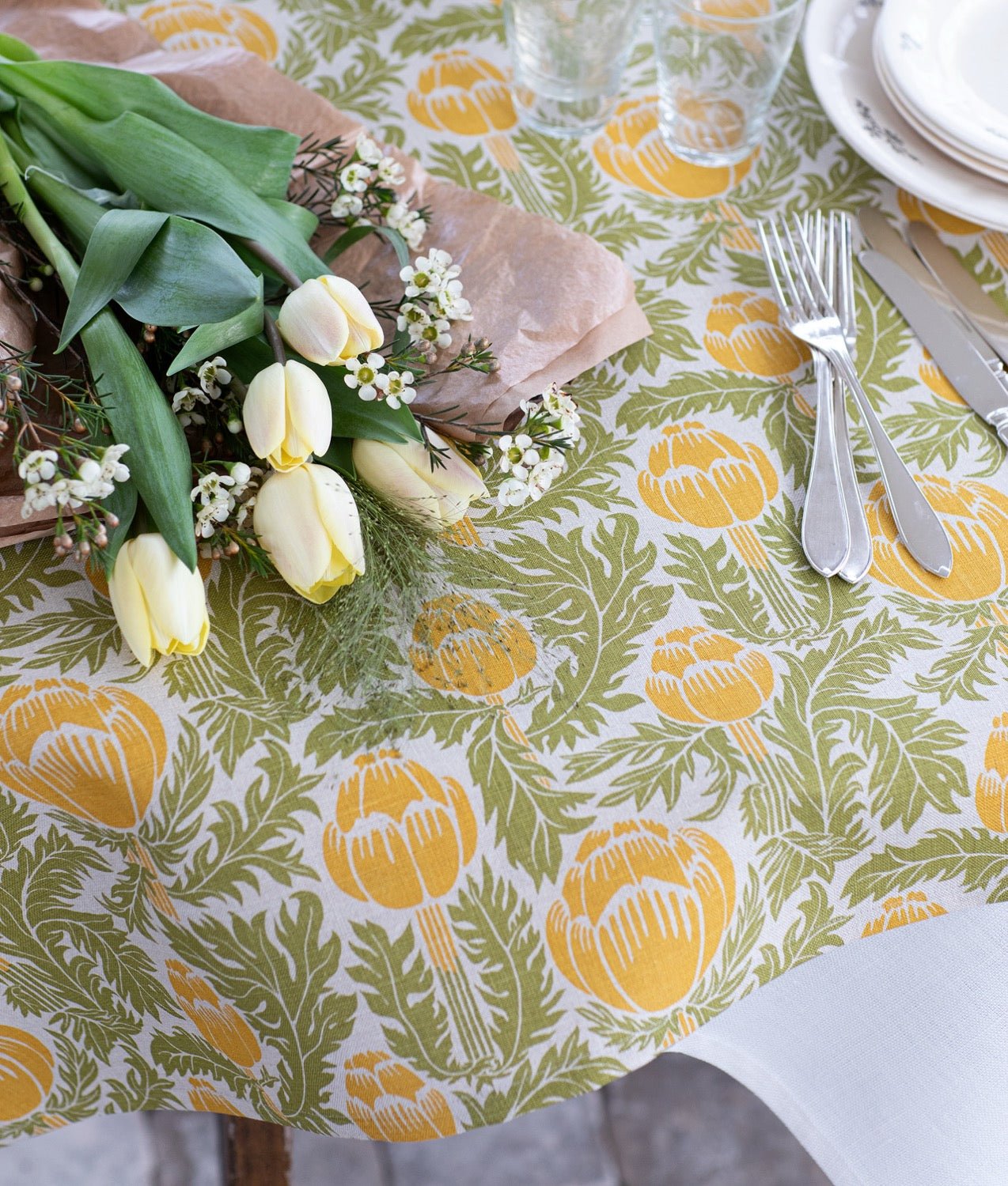 Linnetyg "Skockor i månsken" Gul/grön Natur - Frösö Handtryck Scandinavia