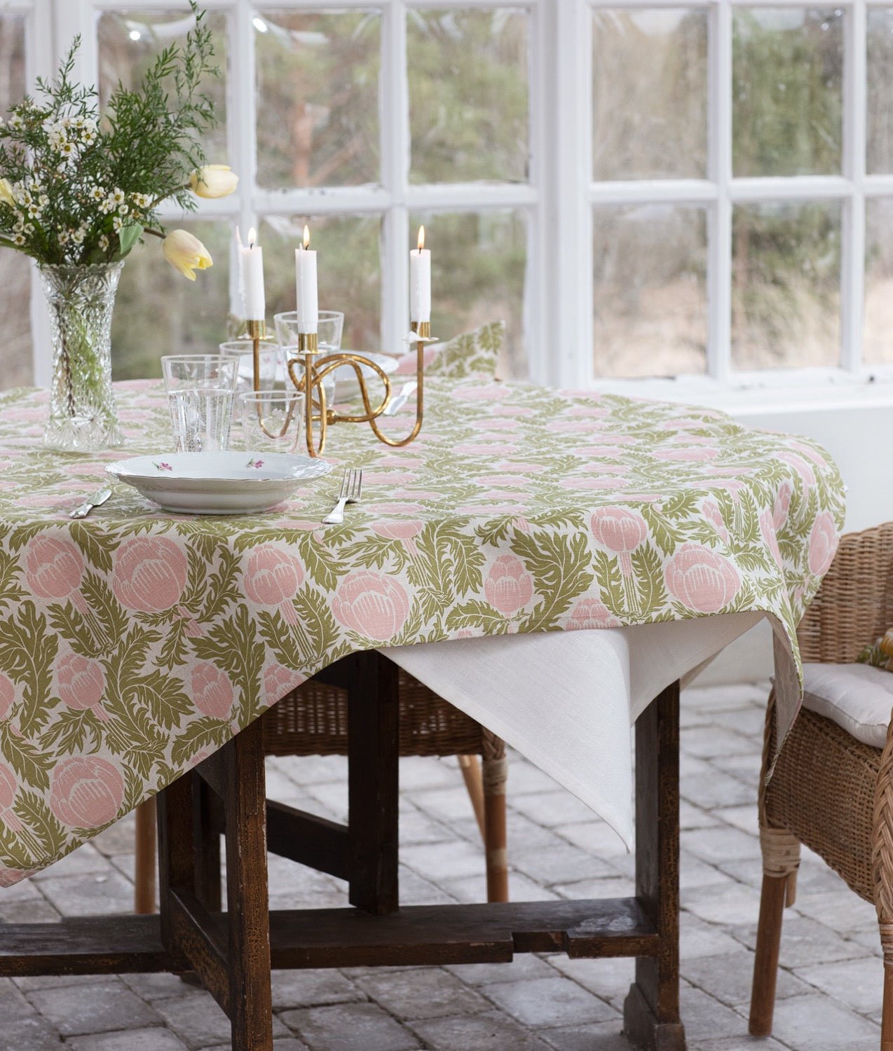 Linnetyg “Skockor i månsken” Rosa/grön Natur – Frösö Handtryck Scandinavia