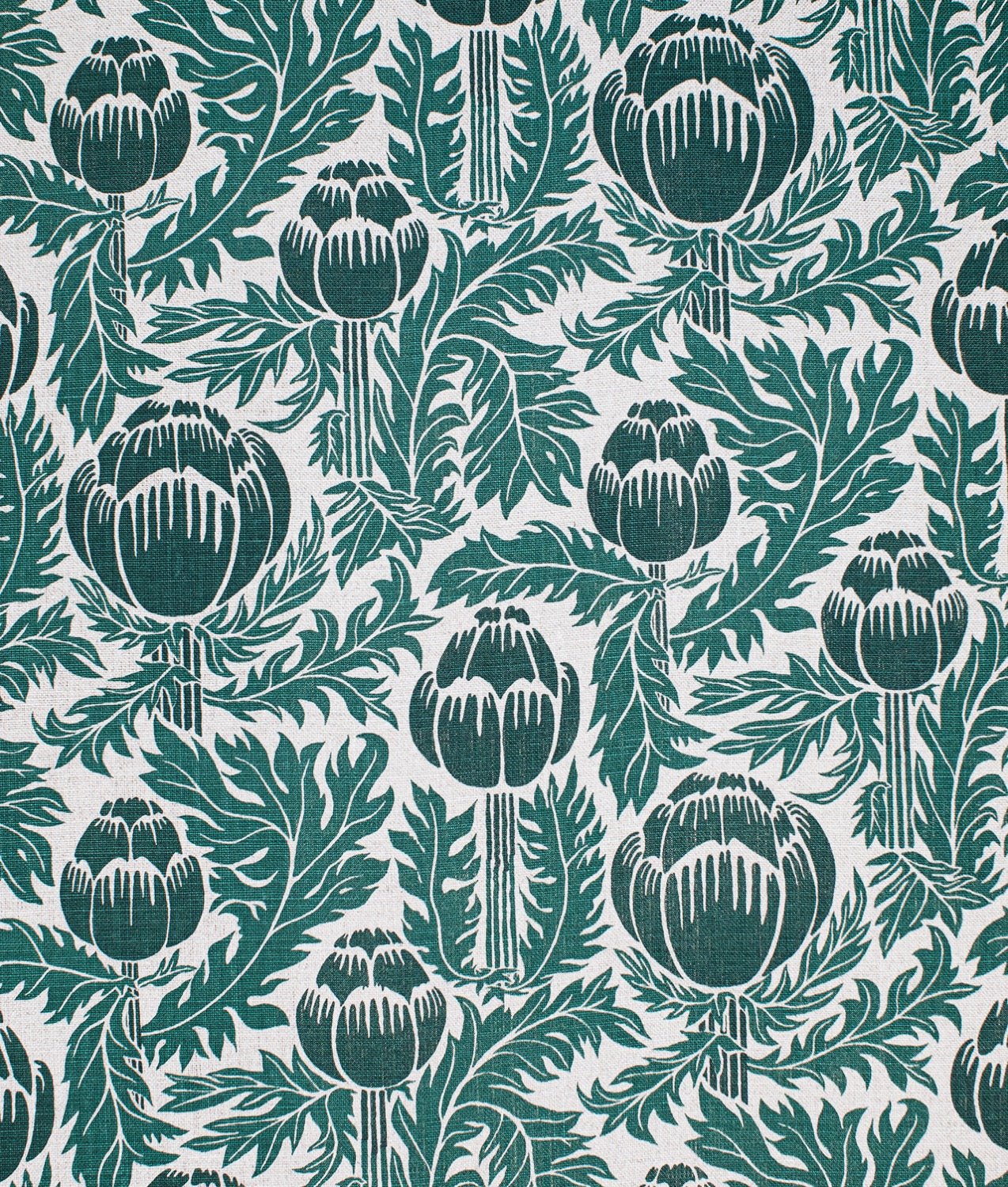 Linen fabric "Skockor i månsken" Green/Nature - Frösö Handtryck Scandinavia