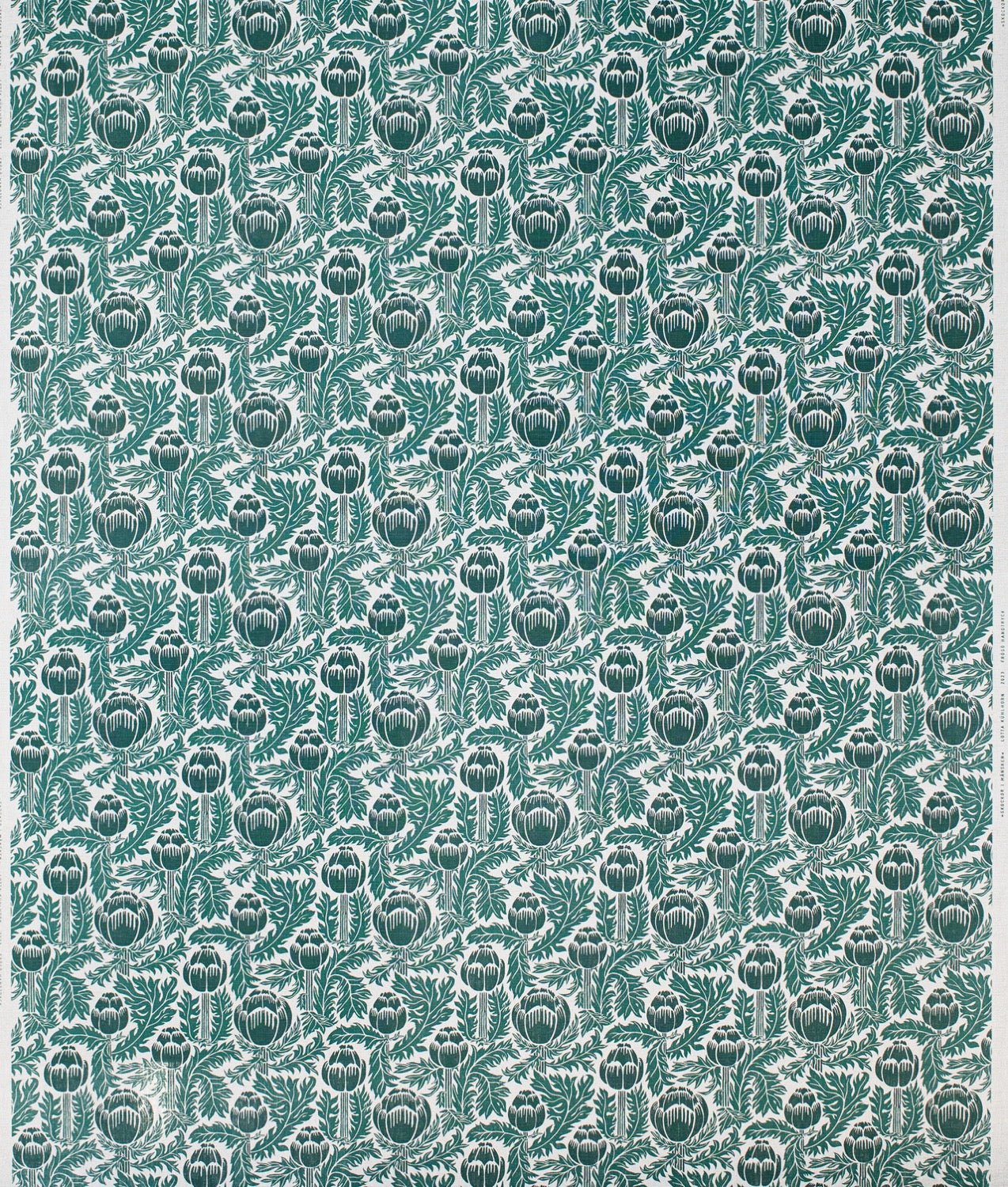 Linen fabric "Skockor i månsken" Green/Nature - Frösö Handtryck Scandinavia