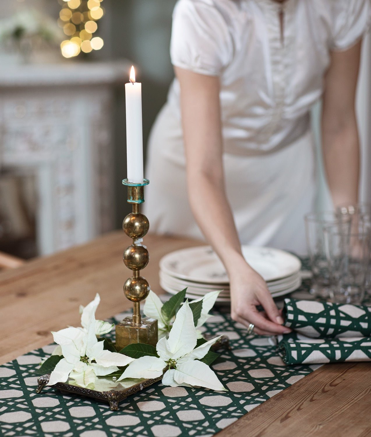 Runner "Pergola" 40x150 cm Linen Green/Nature - Frösö Handtryck Scandinavia