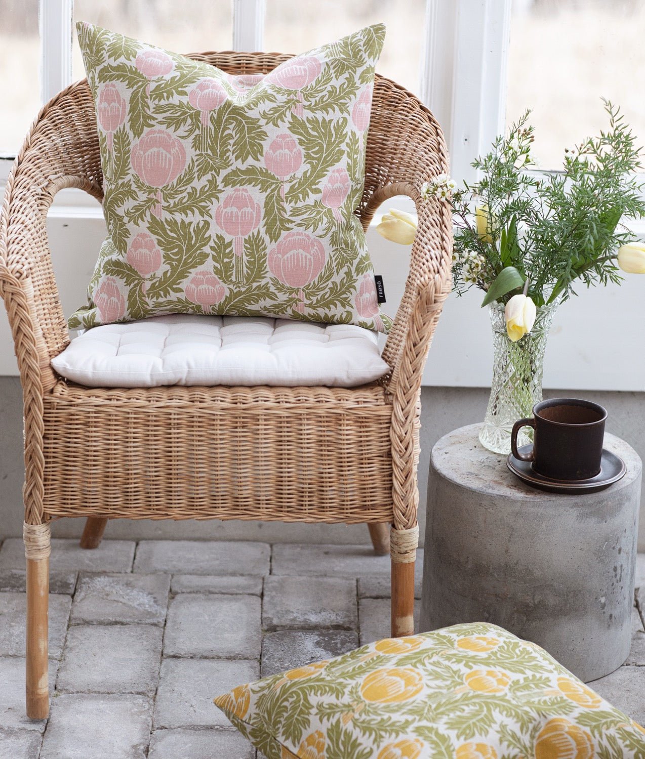 "Skockor i månsken" 50x50 Linne Gul/grön Natur Kuddfodral - Frösö Handtryck Scandinavia