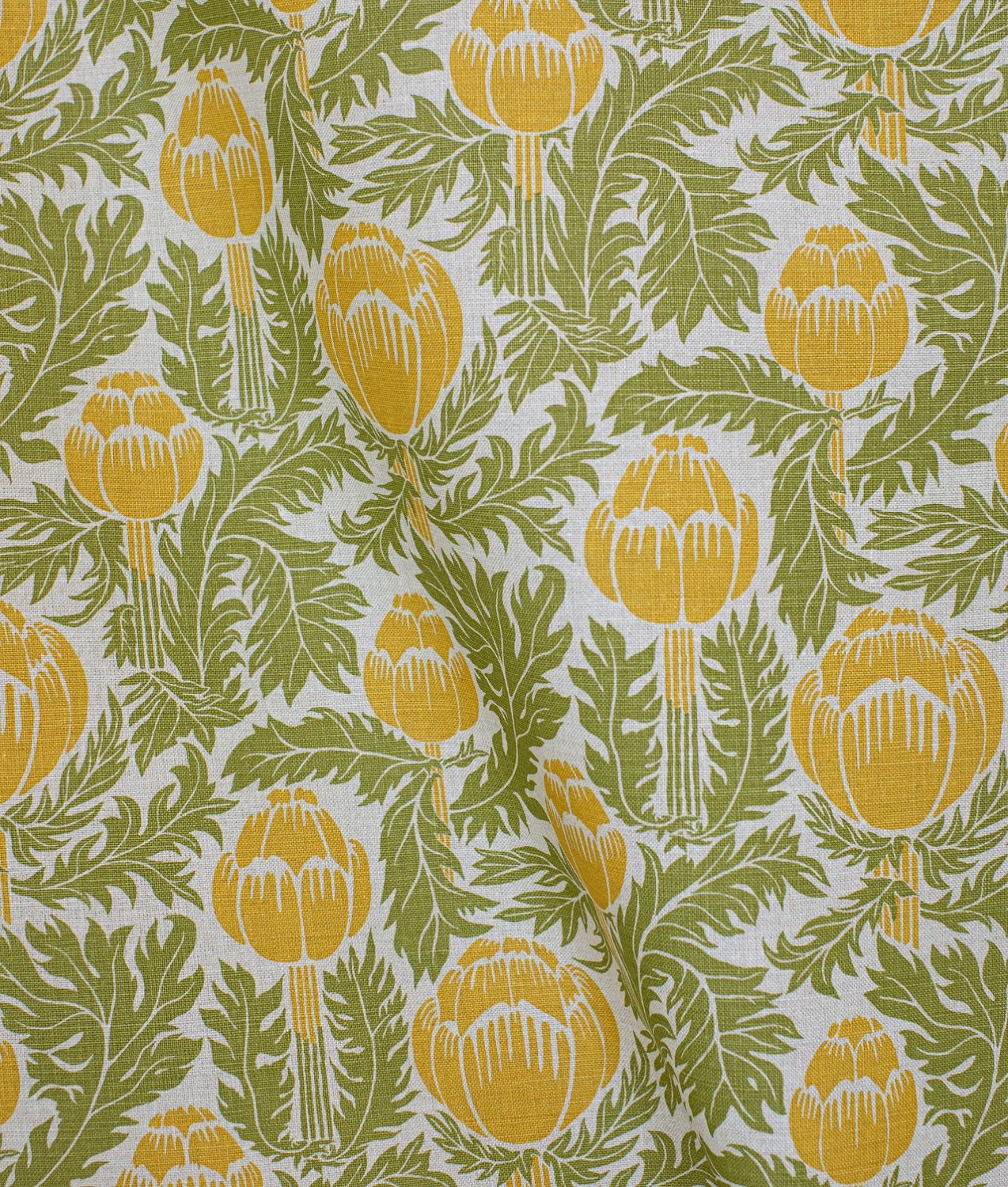 Tygprov "Skockor i månsken" Gul/grön Natur - Frösö Handtryck Scandinavia