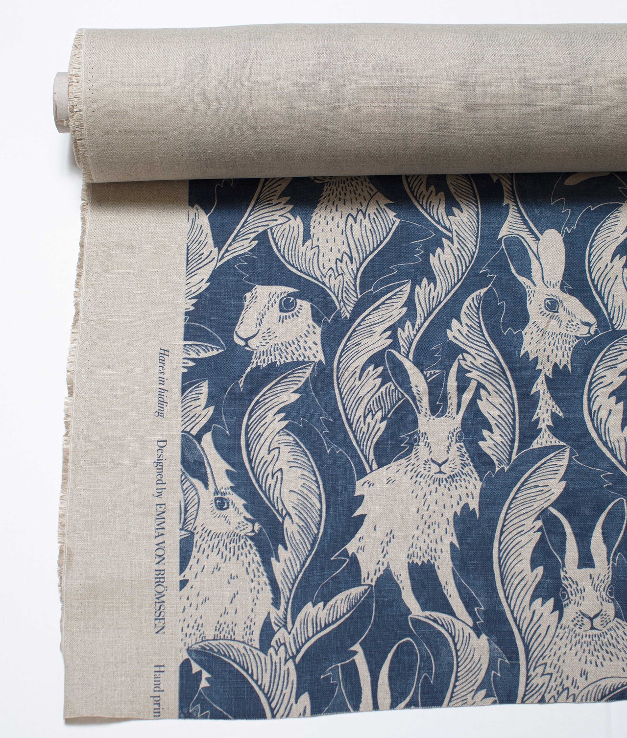 Linen fabric "Hares in hiding” Navy
