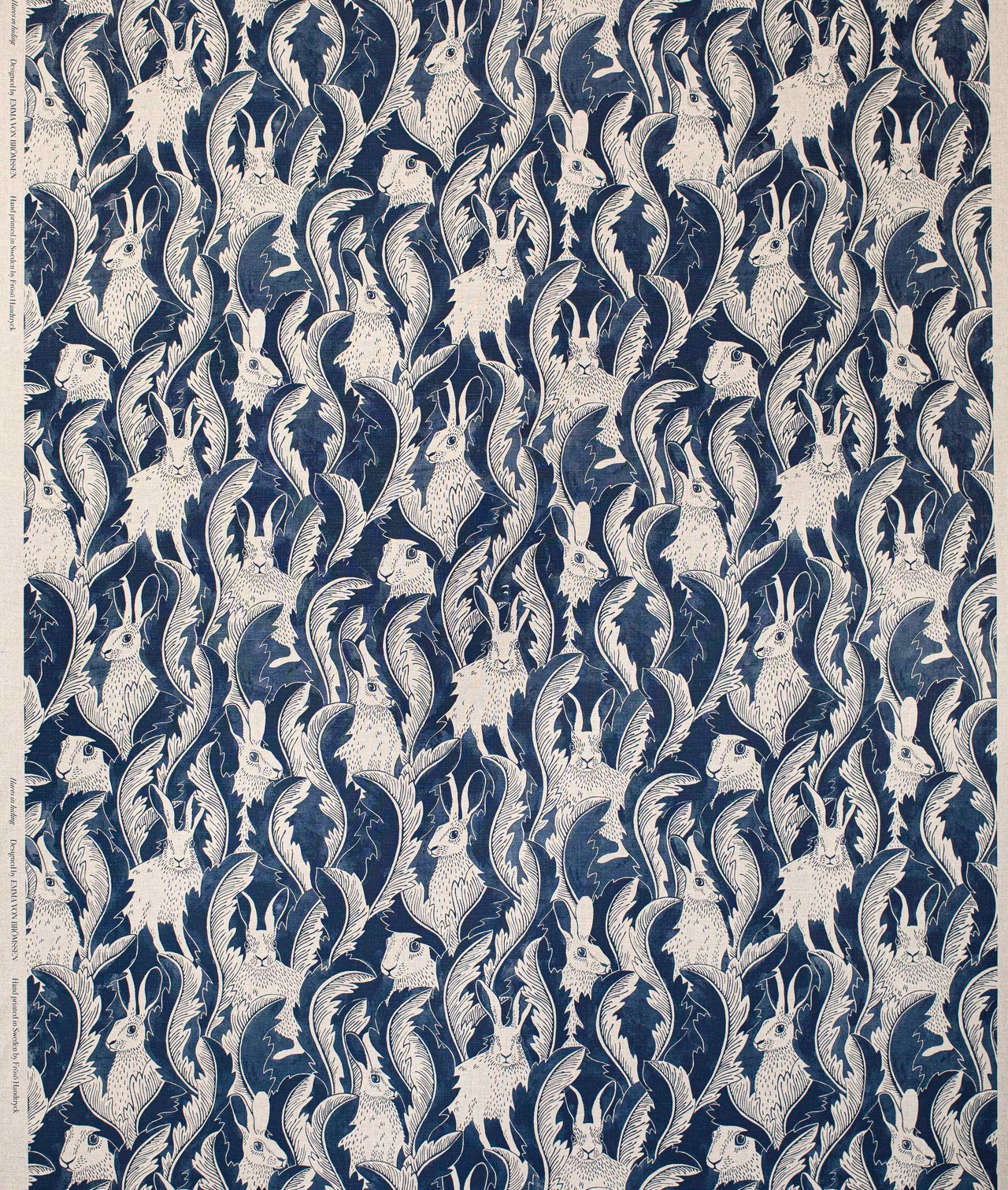 Linen fabric "Hares in hiding” Ink blue