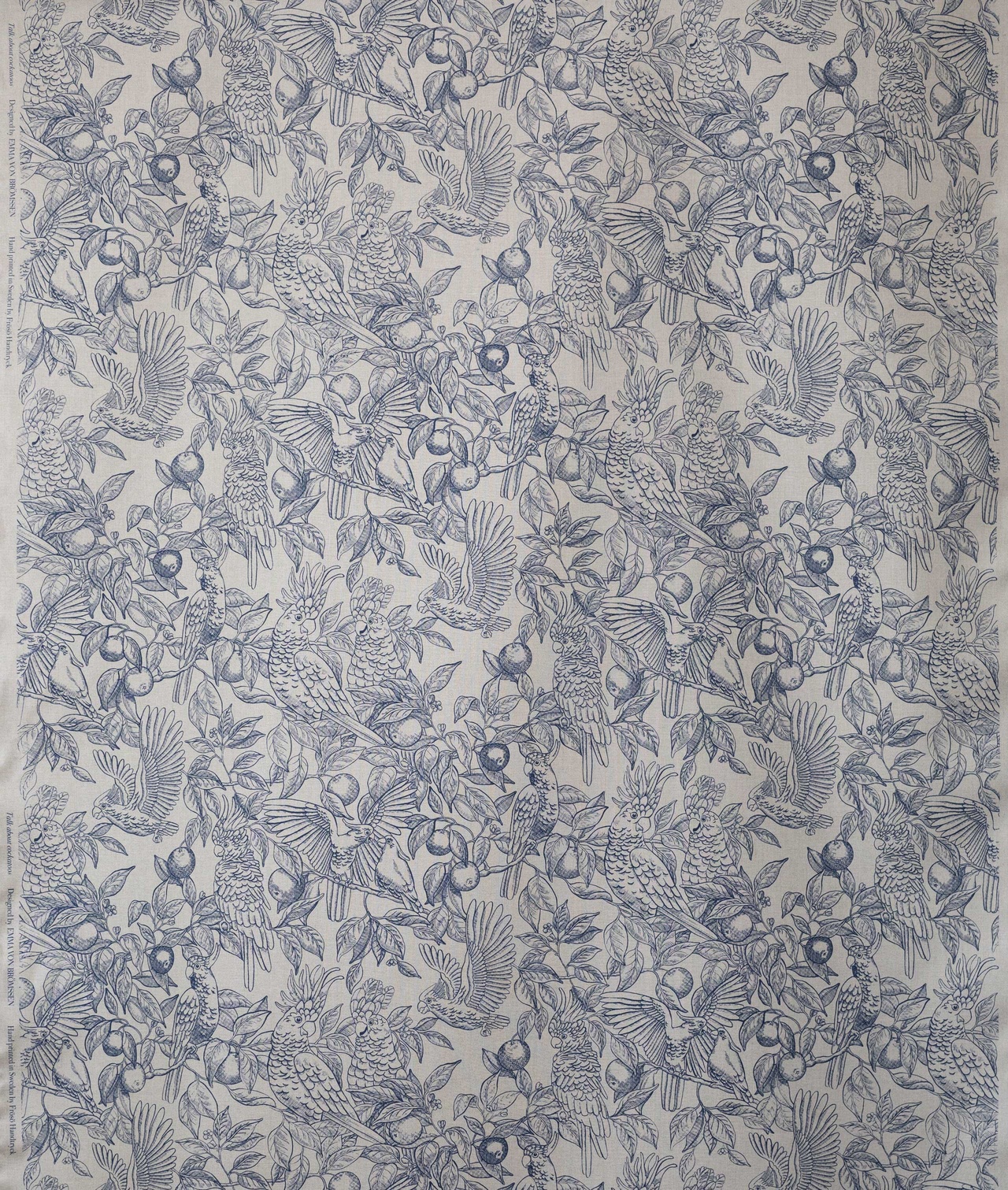 Linen fabric "Talk about cockatoos" Ink blue